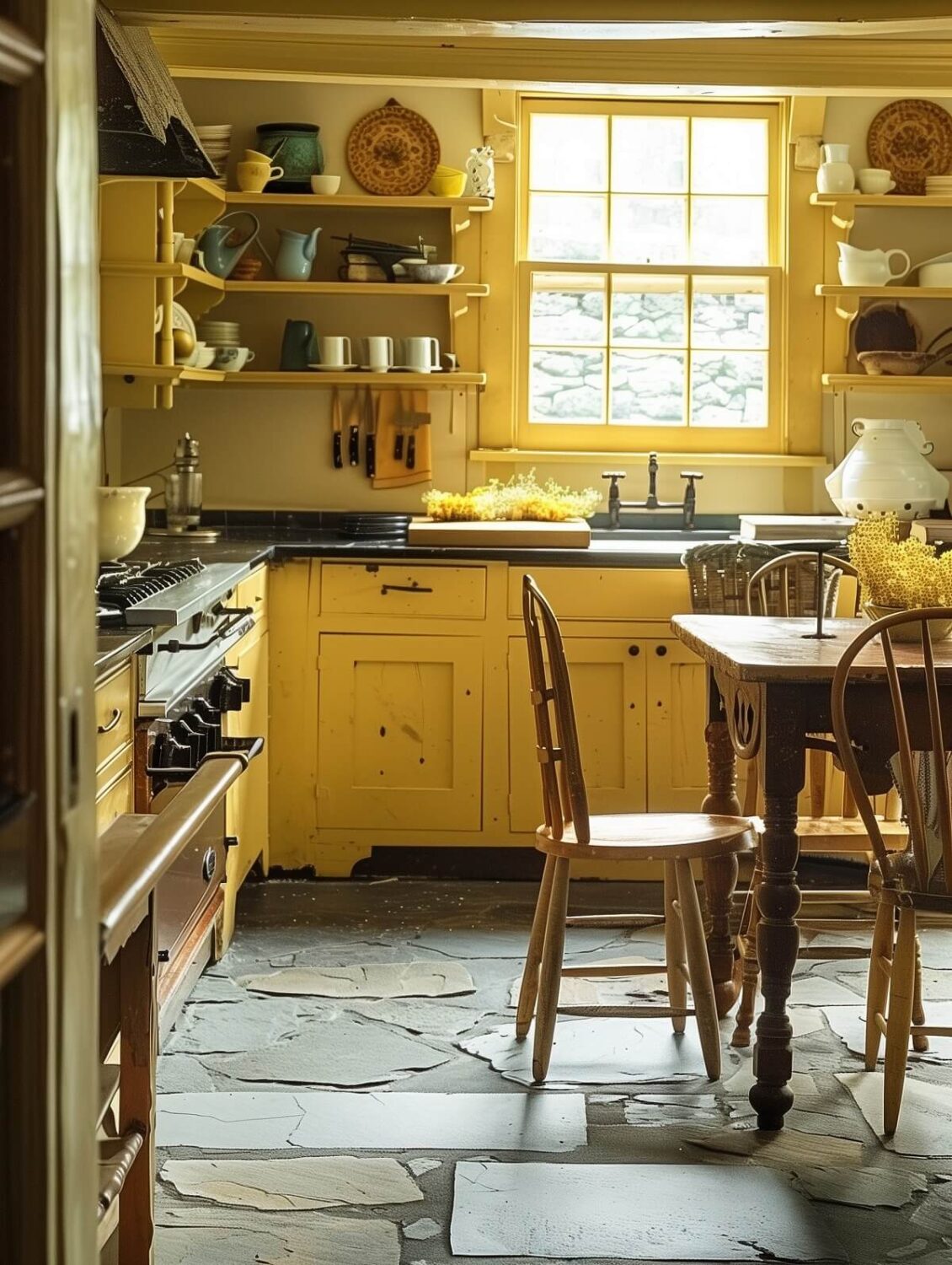 Yellow Kitchen Design Ideas (with Paint Colors) 34 yellow cottage kitchen with farmhouse table and stone floor nordroom