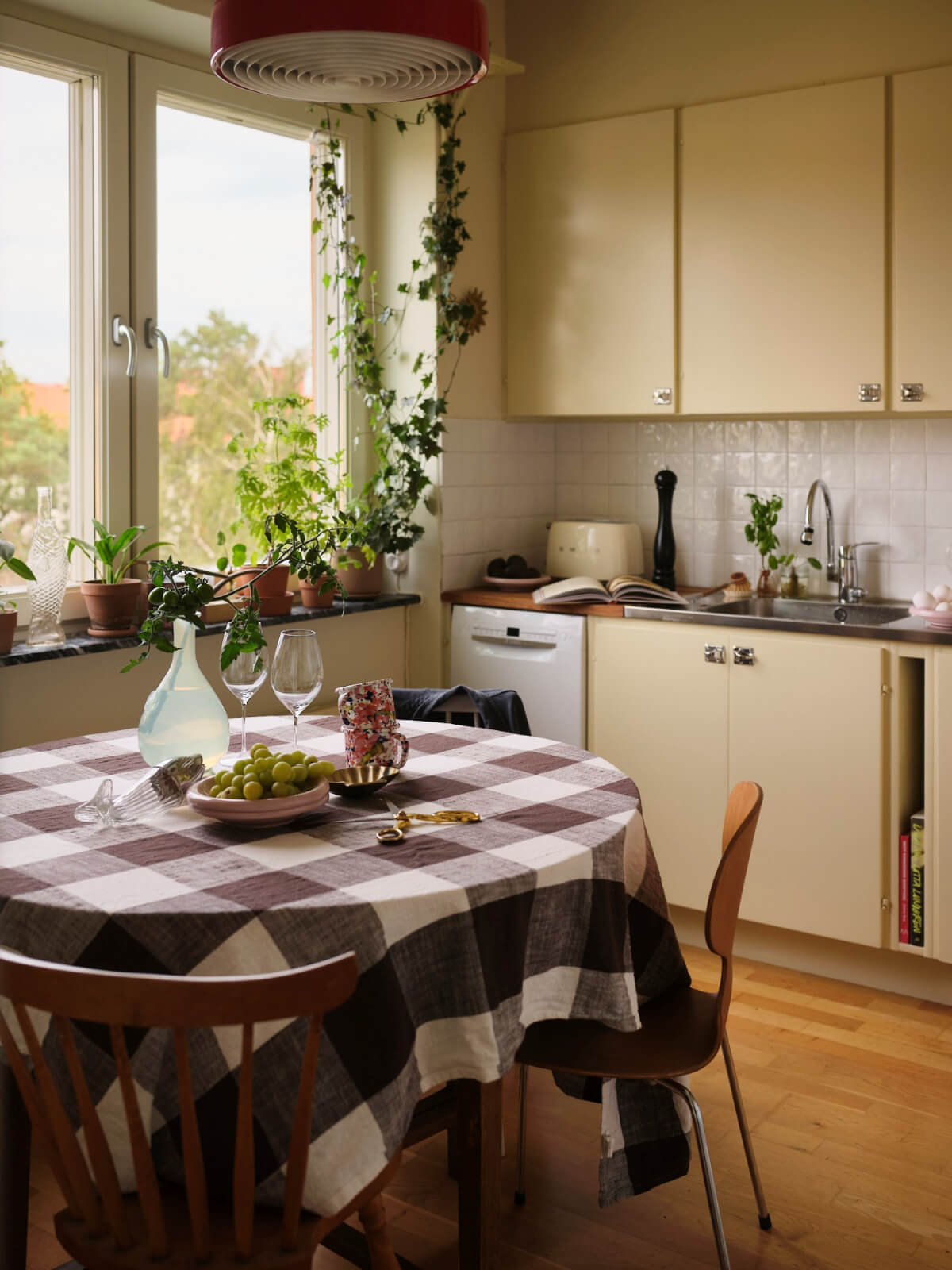 yellow kitchen with dining table