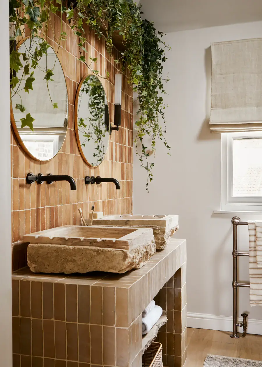 Pantone Color of the Year 2025: Mocha Mousse Interior Inspiration 24 bathroom with tiles in various brown shades nordroom Pantone Color of the Year 2025: Mocha Mousse Interior Inspiration