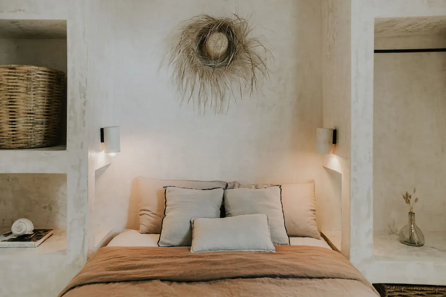 Rustic Wooden Elements in a Stylish Tulum Airbnb 24 bed-niche-clothing-rack-sconces-nordroom