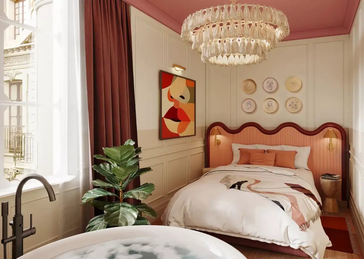 Top Boutique & Design Hotels in the Latin Quarter of Paris 6 bedroom pink ceiling wavy headboard le jardin de verre hotel paris nordroom Top Boutique & Design Hotels in the Latin Quarter of Paris