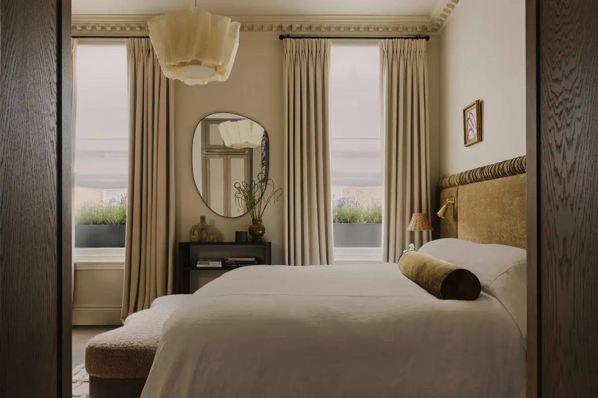 Luxurious Interiors in a Victorian Townhouse in Chelsea 18 bedroom velvet headboard