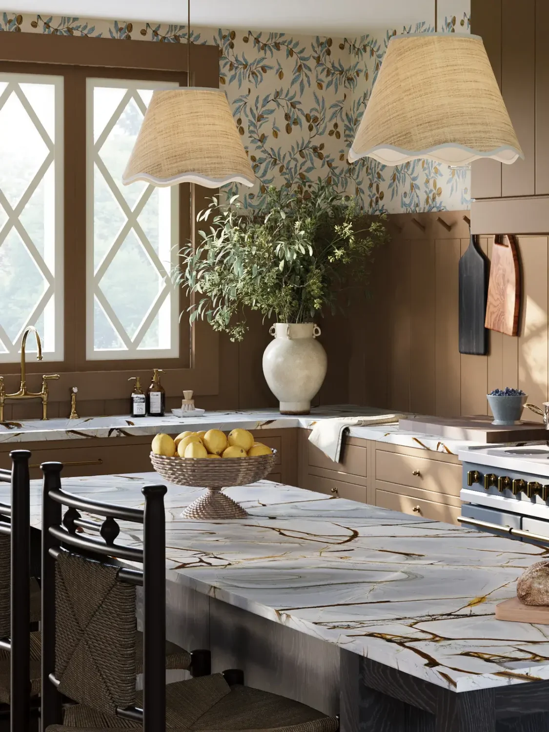 Pantone Color of the Year 2025: Mocha Mousse Interior Inspiration 10 brown kitchen with island and colorful wallpaper