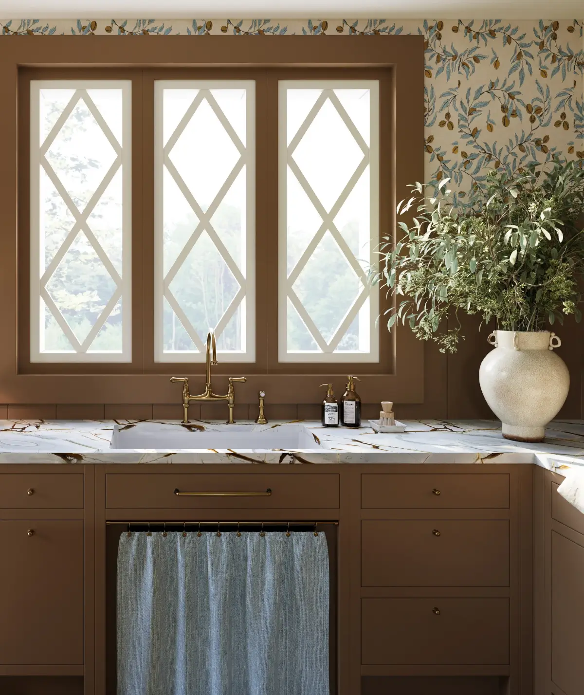 Pantone Color of the Year 2025: Mocha Mousse Interior Inspiration 9 brown kitchen with sink under window pantone mocha moussa 2025 color interior inspiration