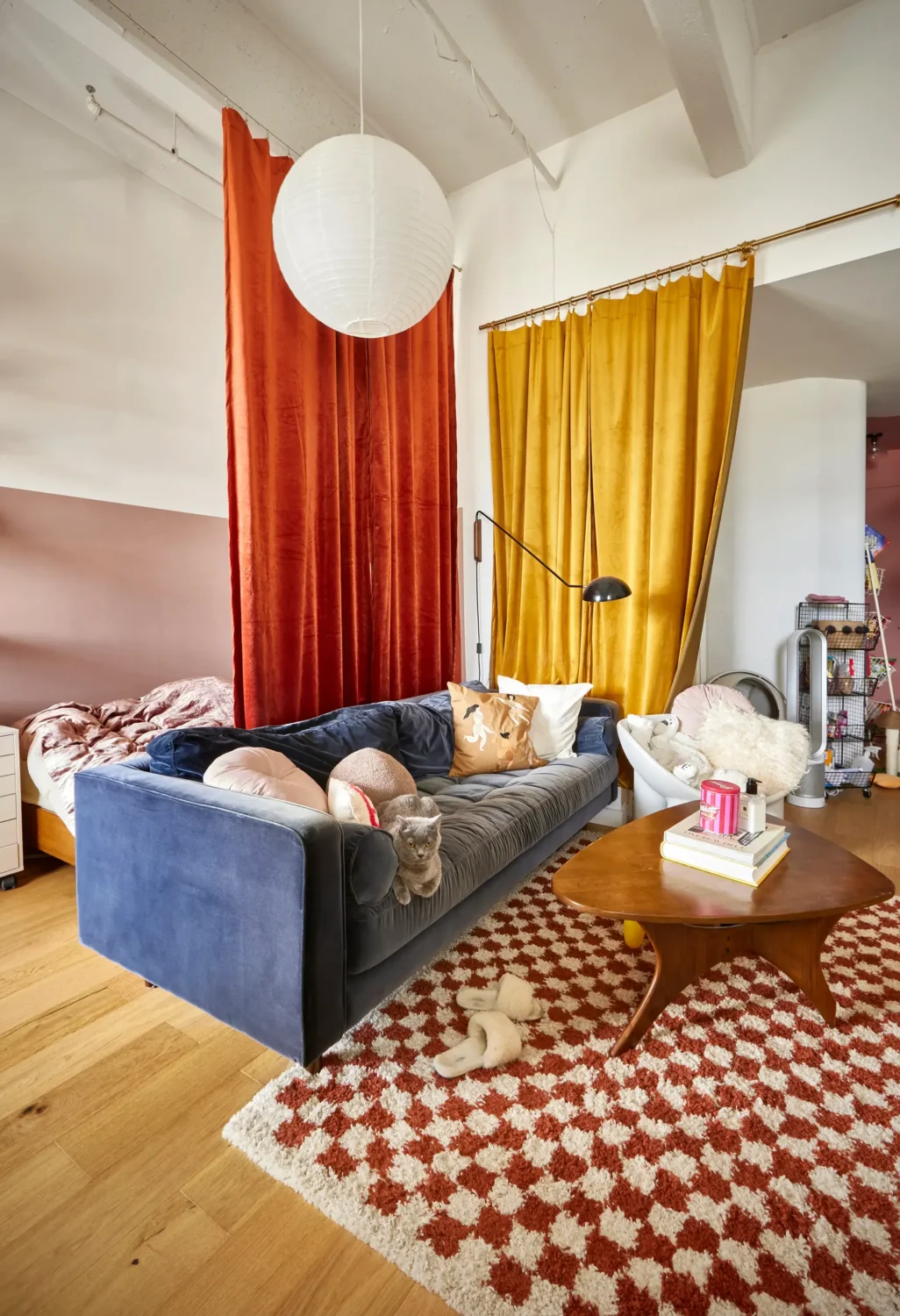 52 Studio Apartments with a Curtain Room Divider 18 colorful-studio-apartment-orange-yellow-curtains-nordroom