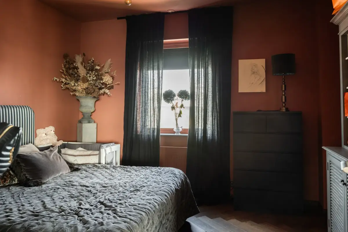 earthy pink bedroom striped headboard