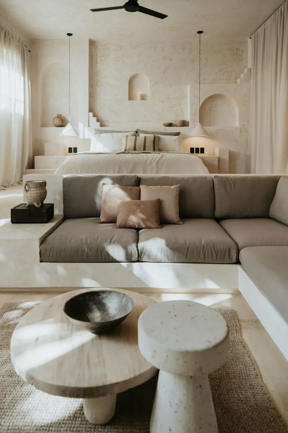 A Serene Design Apartment in Tulum 3 built in sofa sculptural coffee tables airbnb tulum