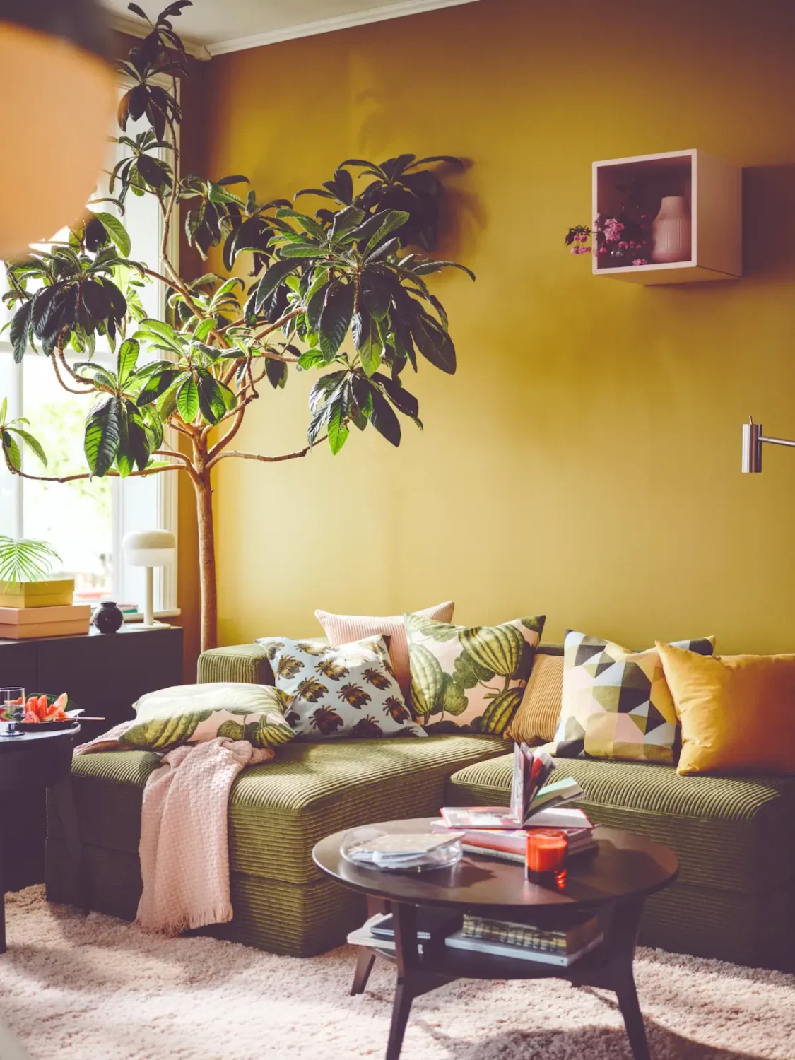 2026 Color of the Year Prediction (with Color Palettes) 4 golden yellow wall living room green sofa color of the year 2026 predicition nordroom