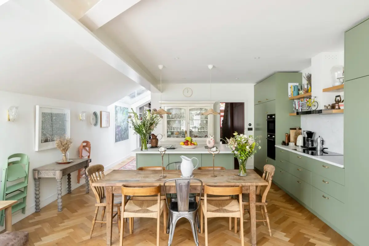 A Beautiful Extended Victorian House in Queen's Park 9 green kitchen rustic wooden dining table