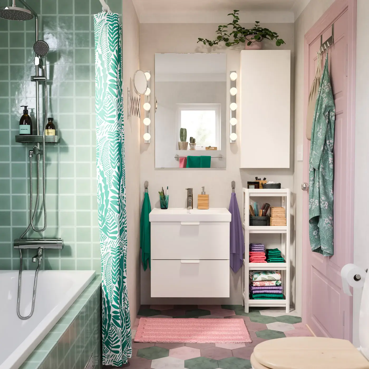 40+ Colorful Bathrooms That Will Spruce Up Your Home 38 green-tiles-small-ikea-bathroom-nordroom