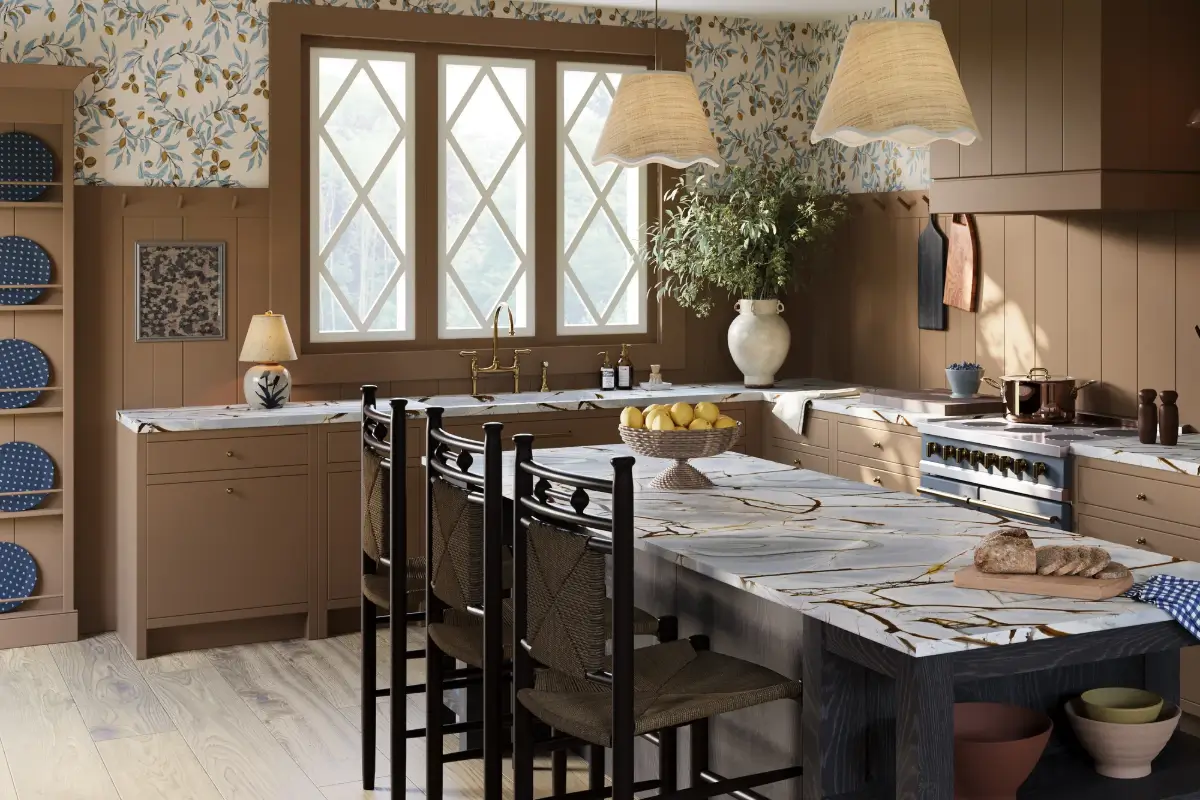 Pantone Color of the Year 2025: Mocha Mousse Interior Inspiration 11 isla porter brown kitchen with island katherine pecan wallpaper mocha mousse pantone 2025 color interior inspiration nordroom