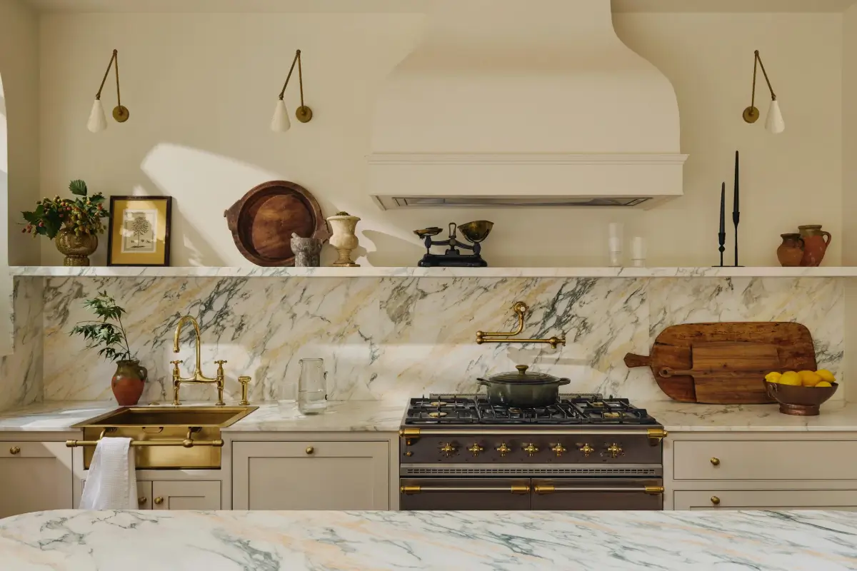 Luxurious Interiors in a Victorian Townhouse in Chelsea 3 kitchen marble countertop brass fittings