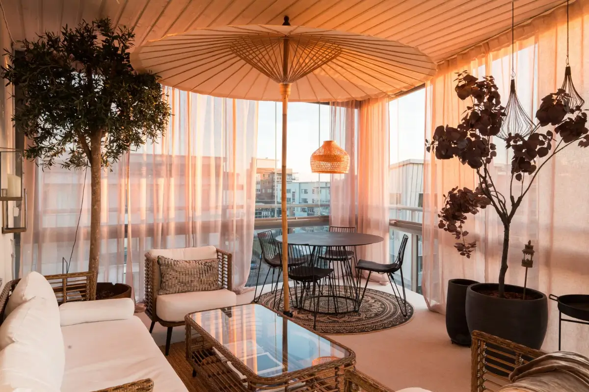 large terrace with curtains