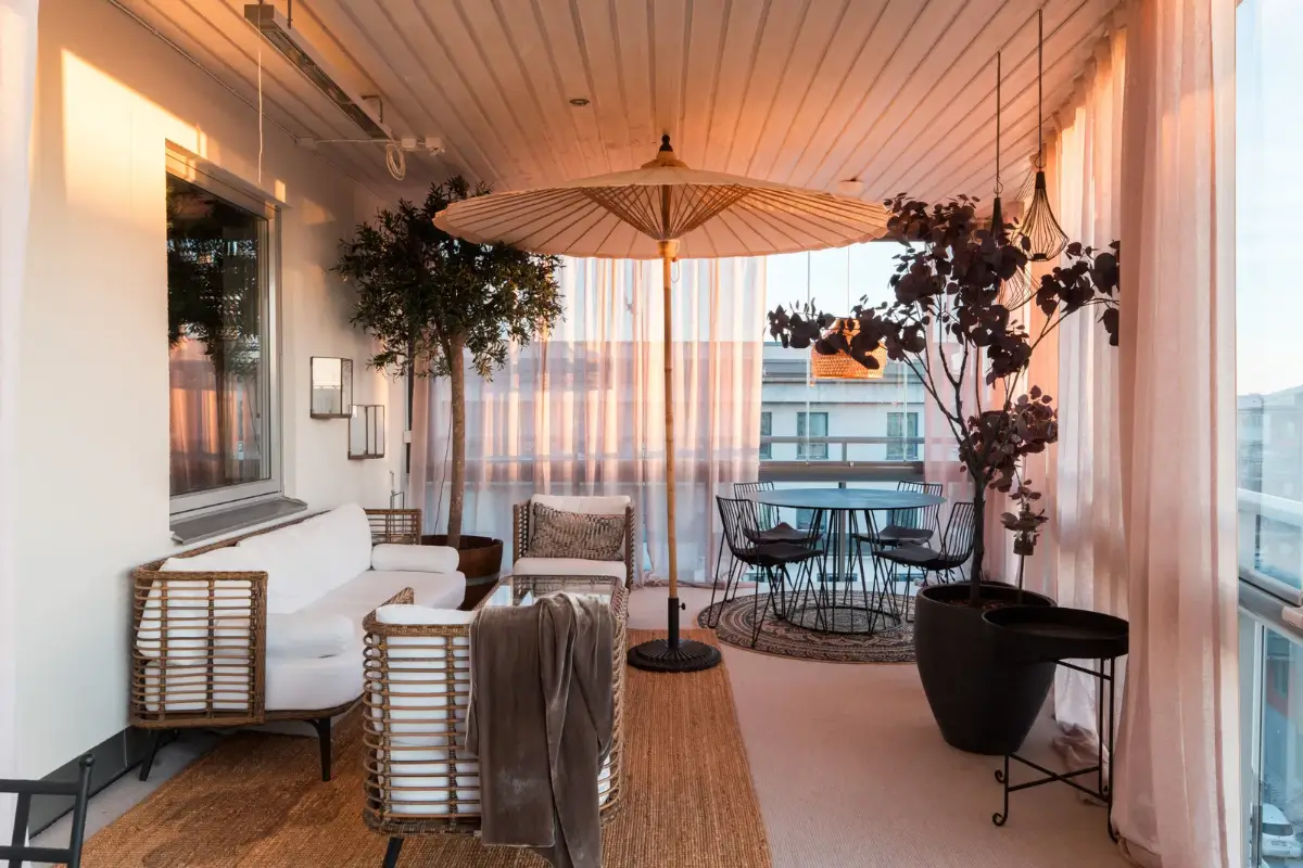 large terrace with table and seating area