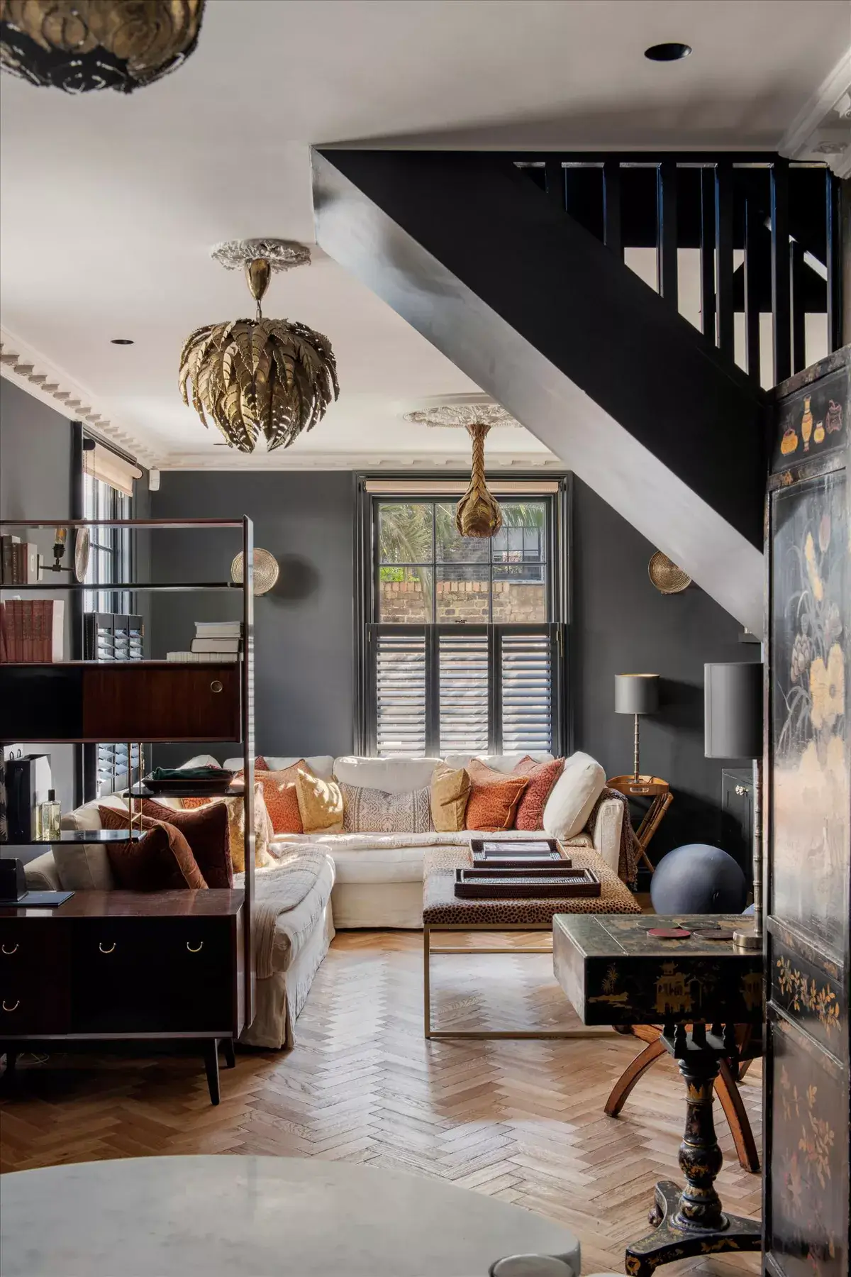 living room with dark gray wall color