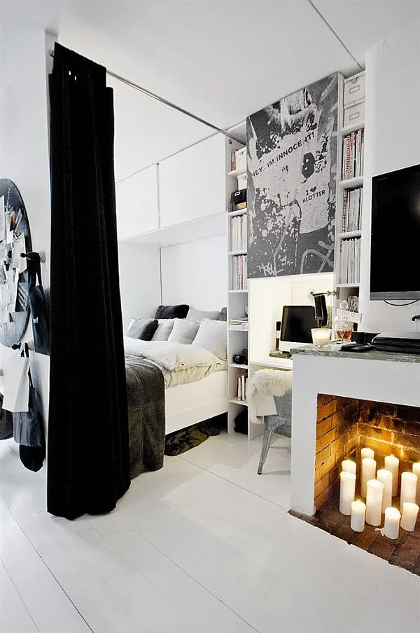 52 Studio Apartments with a Curtain Room Divider 69 monochrome studio apartment black curtains