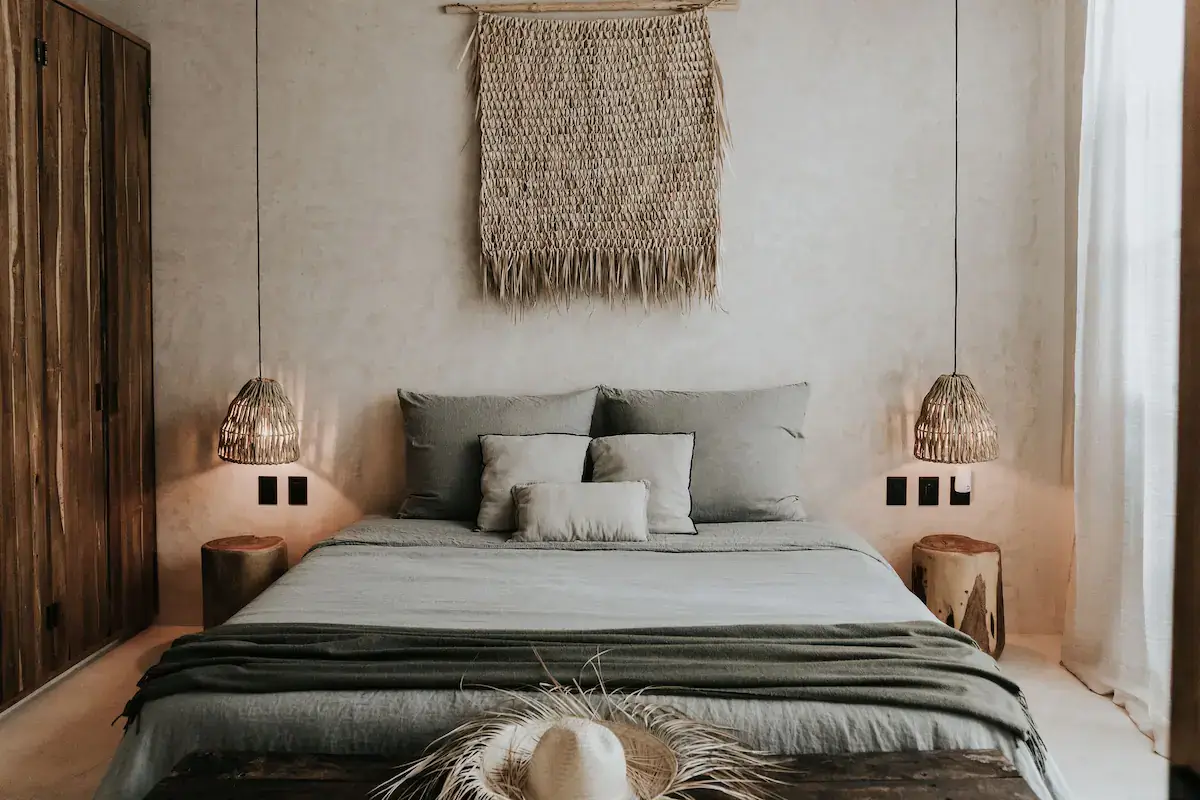 Rustic Wooden Elements in a Stylish Tulum Airbnb 18 natural-bedroom-blue-bedding-wooden-wardrobe-airbnb-tulum-nordroom
