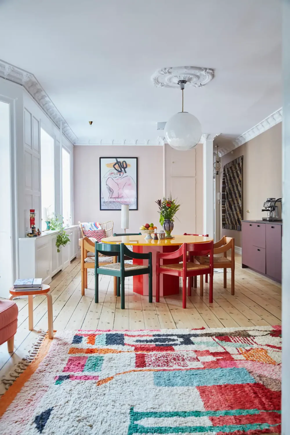 You Can Stay in This Colorful Design Apartment in Copenhagen 8 open plan kitchen dining room with color