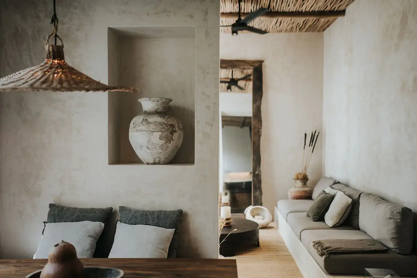 Rustic Wooden Elements in a Stylish Tulum Airbnb 10 open-plan-living-room-kitchen-decorative-niche-nordroom