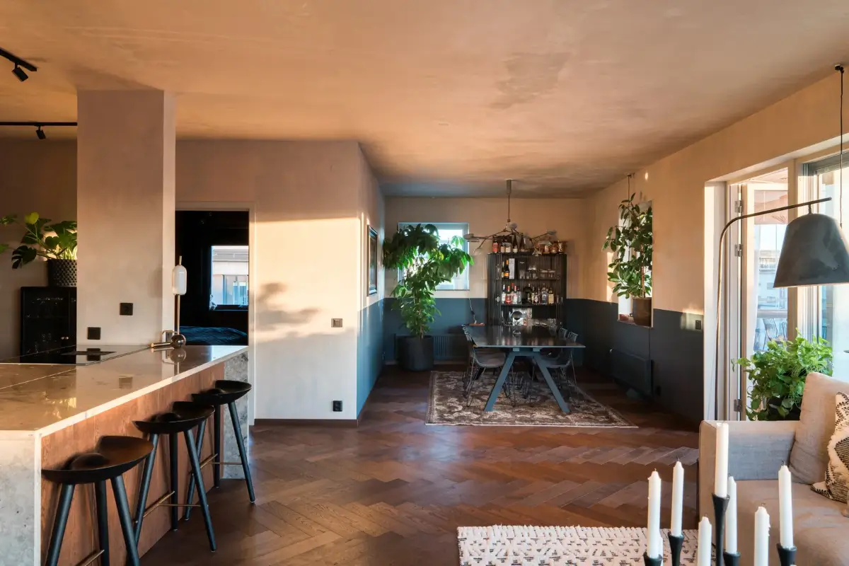 open plan living space two tone walls