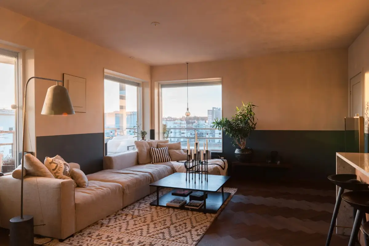 sitting room with plaster walls