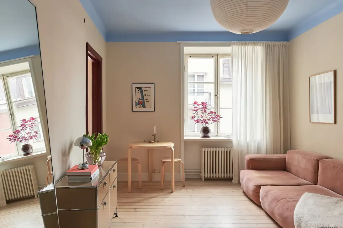 studio apartment blue ceiling wooden floor