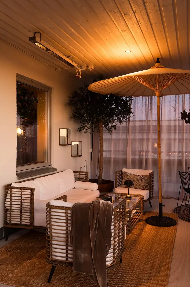 terrace sitting area at night jute rug